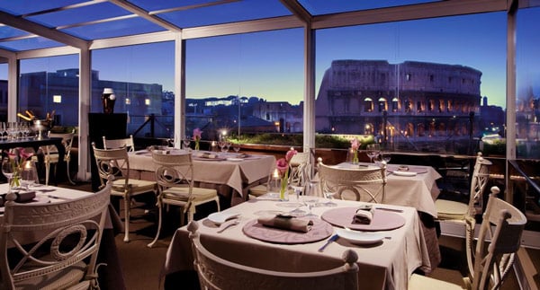 view of the Colosseum from the restaurant of the Hotel Palazzo Manfredi in Rome