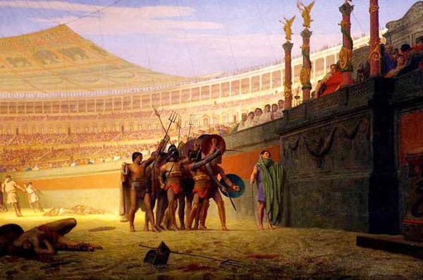 Gladiators in the arena of the Colosseum in ancient Rome