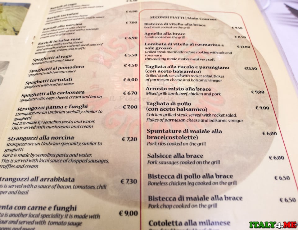 menu restaurant in Umbria prices
