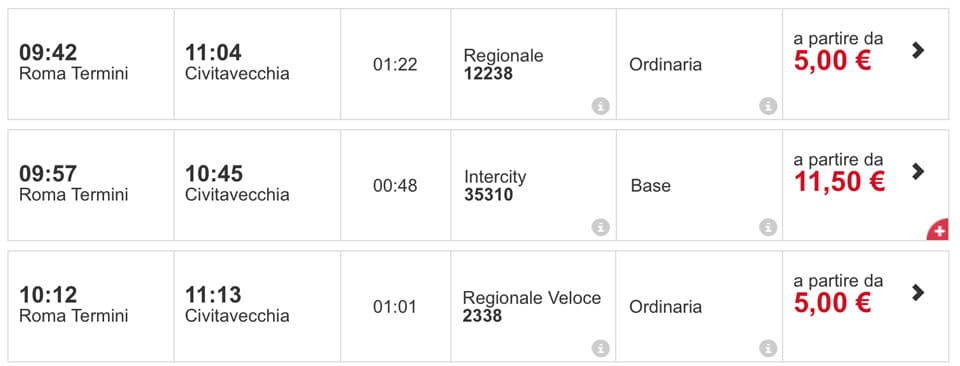 Train timetable from Rome Termini to Civitavecchia Port