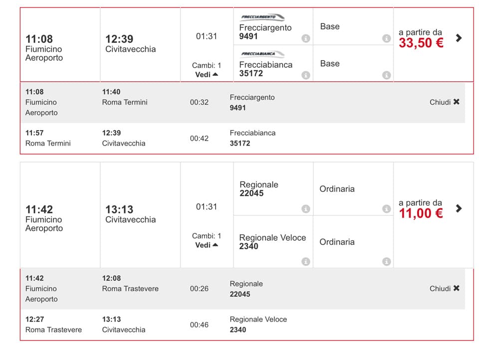 Train timetable from Fiumicino airport to Civitavecchia port