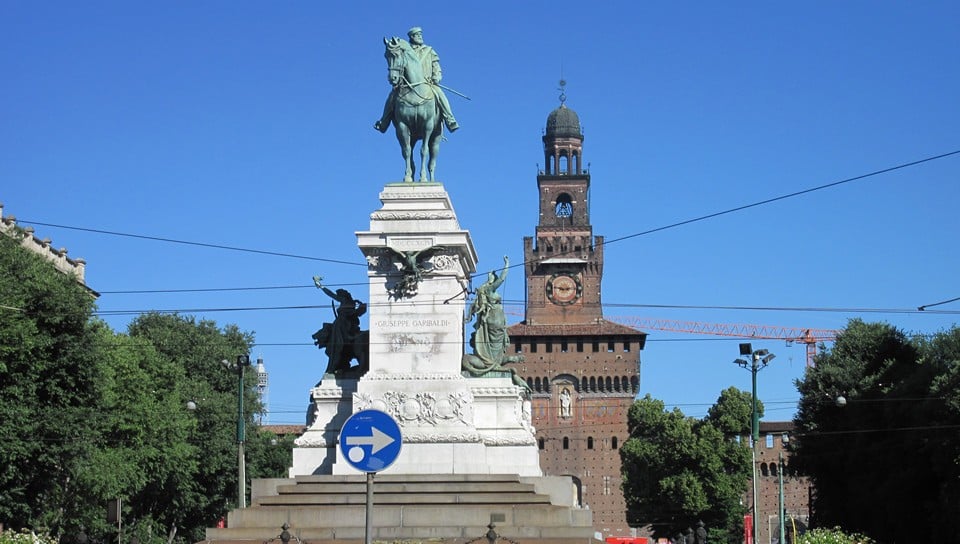Giuseppe Garibaldi in front of the Sforza Castle in Milan