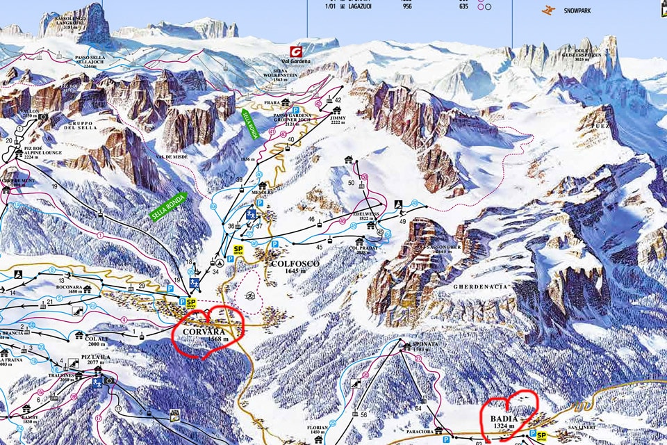 Scheme of the slopes of the ski resort of Corvara in Italy