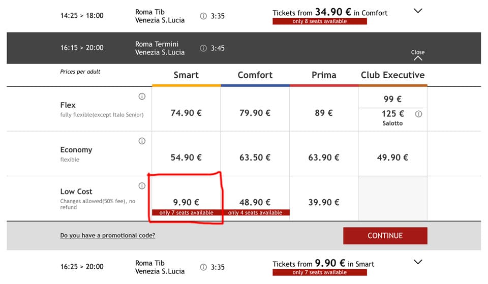 Italotreno ticket types and prices