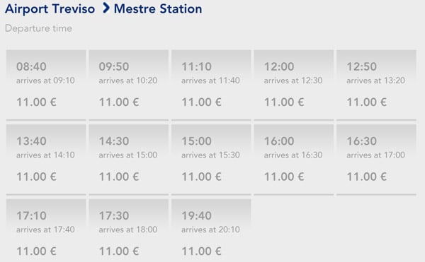 Timetable of the buses from Treviso airport to Metre railway station in Venice