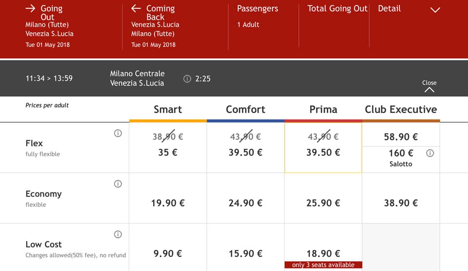 ItaloTreno train ticket prices from Milan to Venice