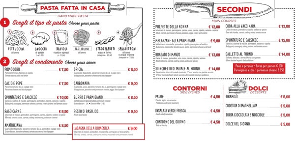 Menu and prices at the Pasta e Vino Osteria restaurant in Rome