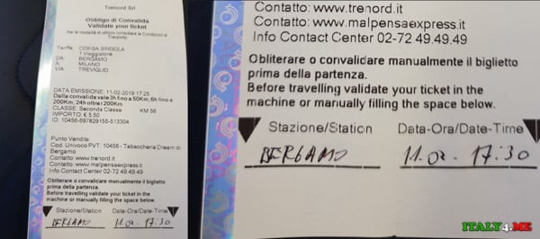 Validated train ticket from Bergamo to Milan