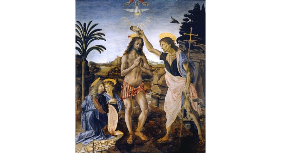 Painting The Baptism of Christ by Andrea del Verrocchio and Leonardo da Vinci