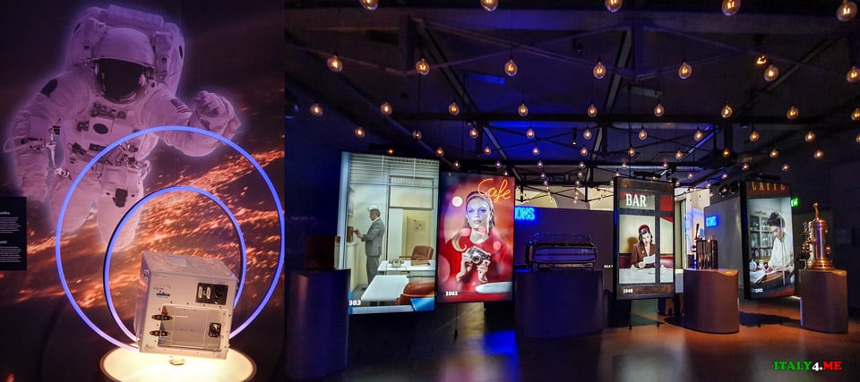 interactive stands at the Turin Coffee Museum and a coffee machine in space