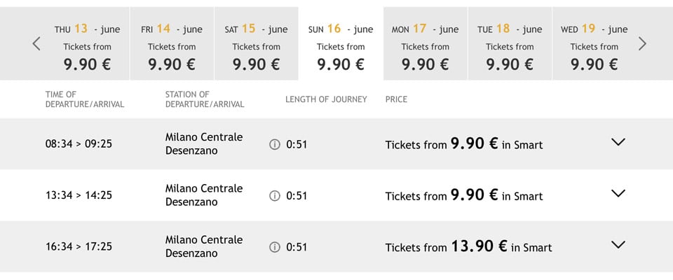 Timetable of ItaloTreno high-speed trains from Milan to Lake Garda