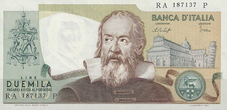 Galileo Galilei on the Italian 2000 lire bank-notes