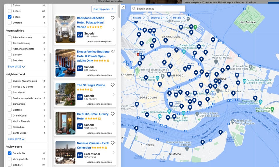 best 5 star hotels Venice on map