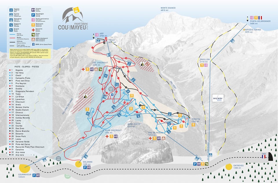 Scheme of slopes in the ski resort of Courmayeur in Italy