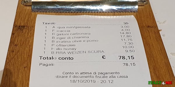 Dinner bill for two at the Hosteria del Mercato restaurant