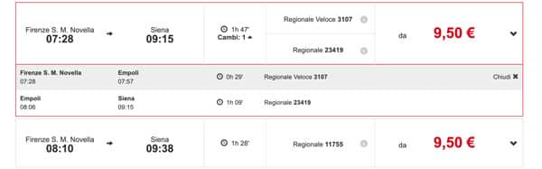 Train timetable from Florence to Siena