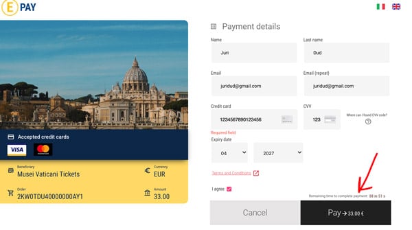 Online card payment for tickets to the Vatican museums