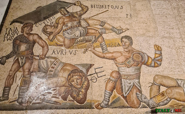 Images of the first gladiator fights on ancient Roman mosaics