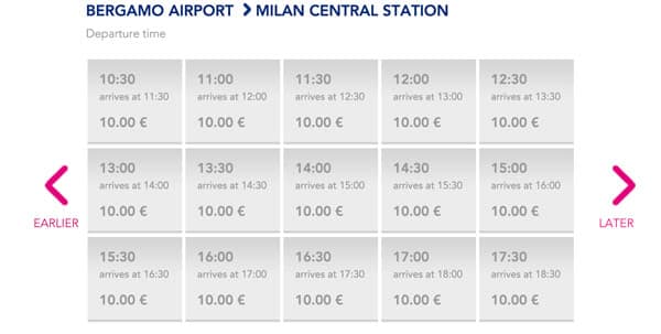 timetable of the buses from Bergamo airport to Milan