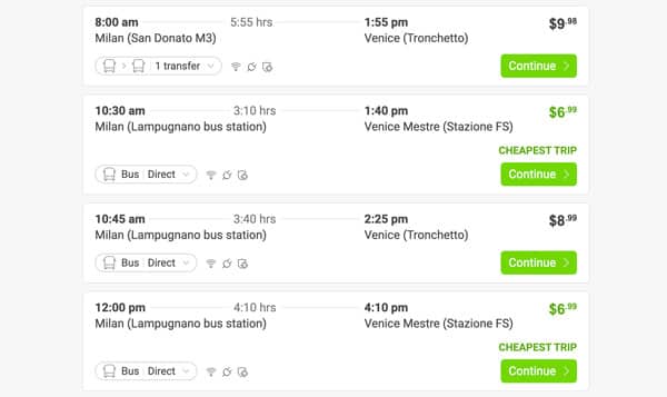 Bus timetables and prices from Milan to Venice
