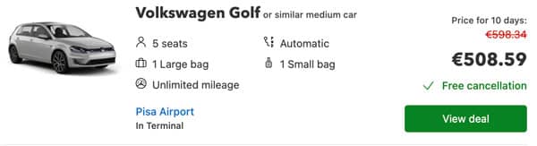 Price rent Volkswagen Golf in Pisa Airport 