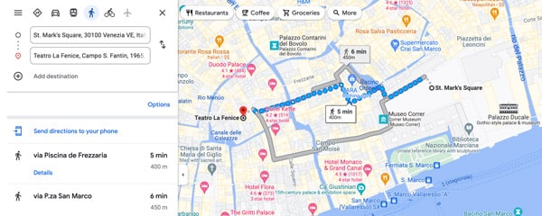 Route on the map from Piazza San Marco to Teatro La Fenice in Venice