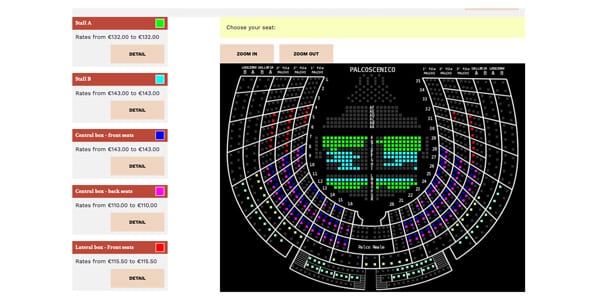 Seat map and ticket prices for concerts at La Fenice Opera House in Venice