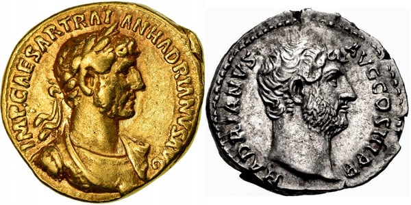 Roman coins depicting Emperor Hadrian gold quinary and silver denarius
