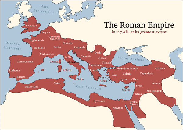 the borders of the Roman Empire in 117 AD, the period of greatest prosperity