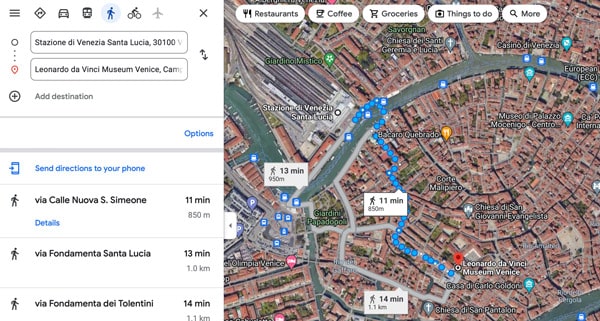Route on the map to the Leonardo da Vinci Museum in Venice
