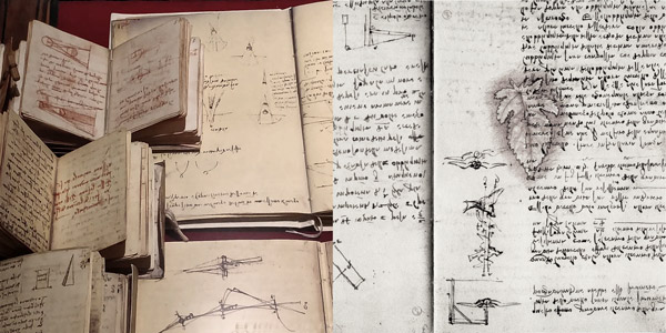 Manuscripts of Leonardo da Vinci in a museum in Venice