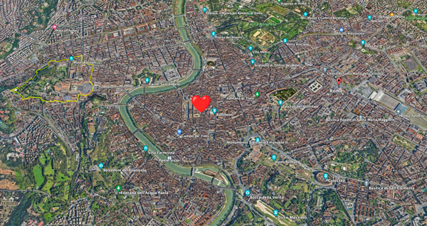 The historical center of Rome on the map is located next to the Pantheon